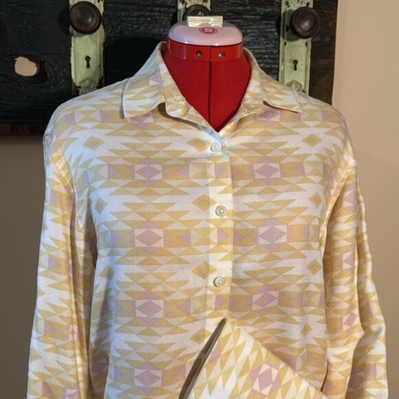 Simons Icone Yellow and Purple Geometric Patterned Button-Up Shirt Size XS - Picture 2 of 15